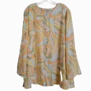 Rachel Zoe Size 3X Linen Button Up Lightweight Print Blouse